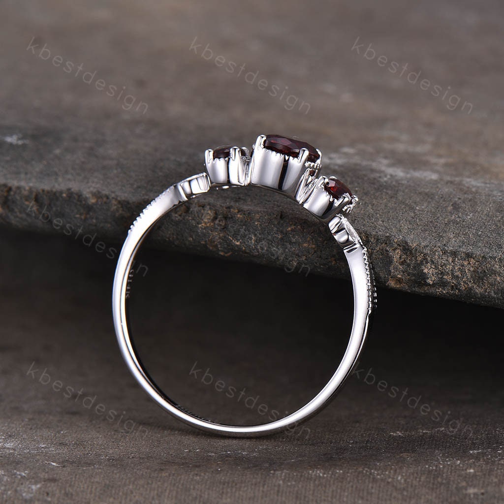Garnet Ring Unique Round cut Garnet Engagement Ring Three Stone Ring Art Deco Wedding Ring January Birthstone Anniversary Ring for Women