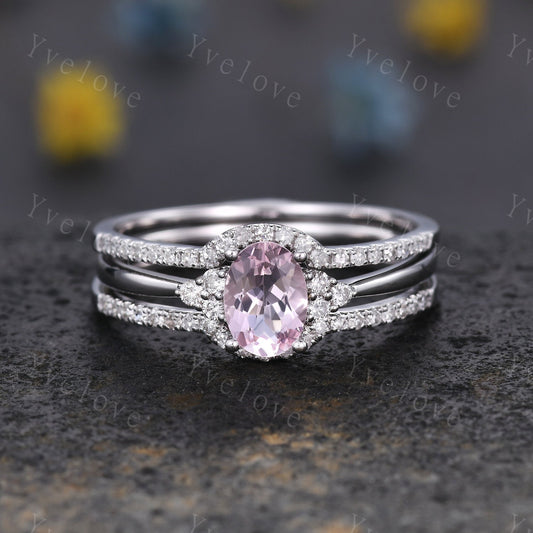 Morganite engagement ring set 5x7mm oval cut natural morganite ring real diamond matching bands solid 14k white gold bridal ring set gift