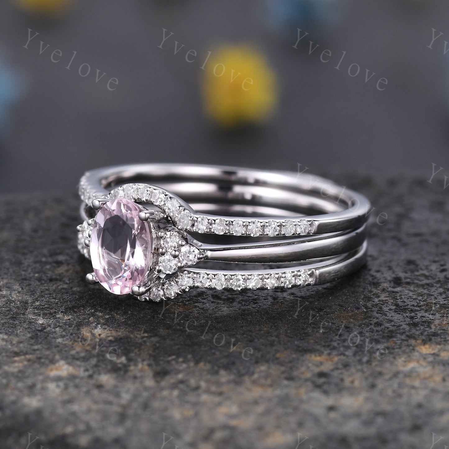Morganite engagement ring set 5x7mm oval cut natural morganite ring real diamond matching bands solid 14k white gold bridal ring set gift
