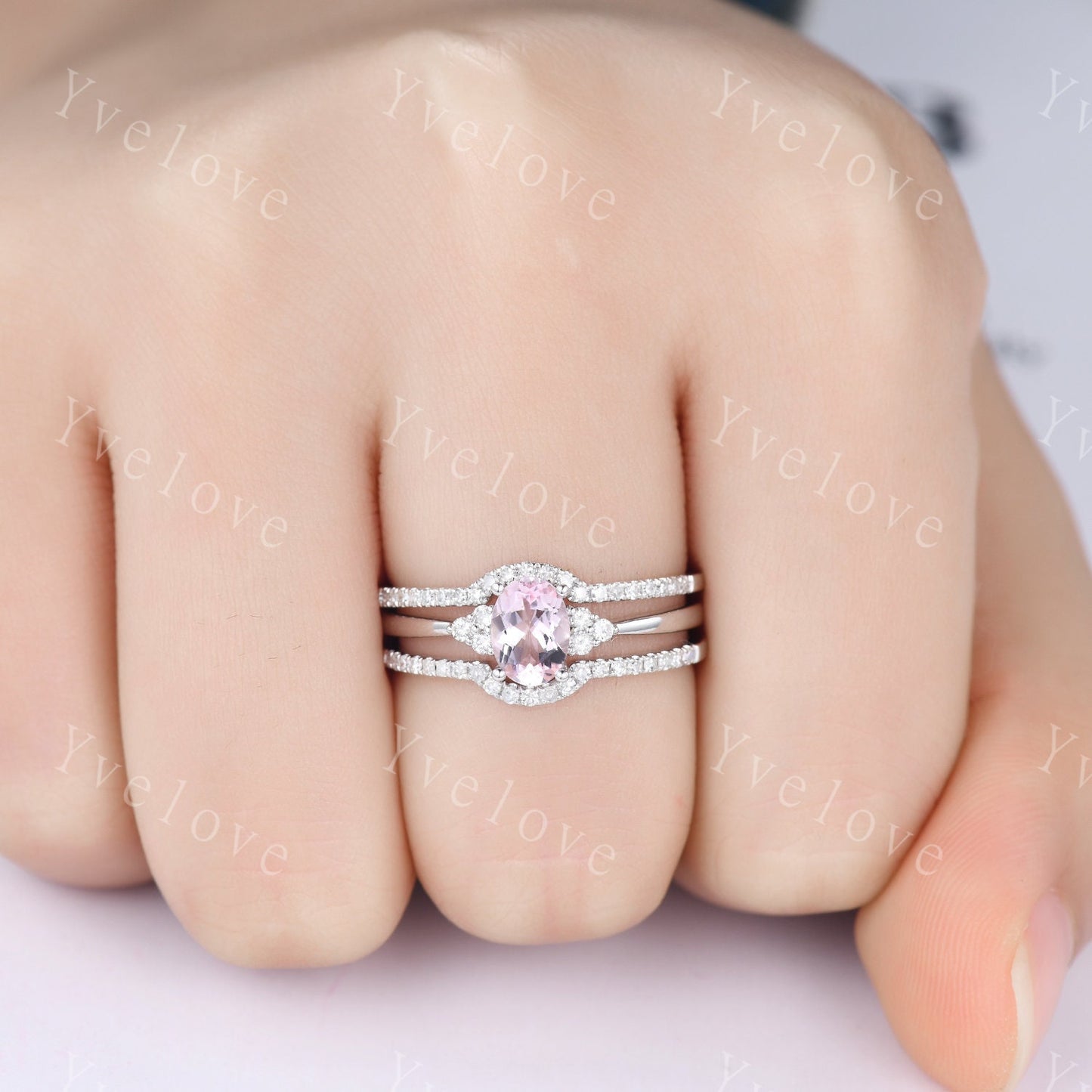 Morganite engagement ring set 5x7mm oval cut natural morganite ring real diamond matching bands solid 14k white gold bridal ring set gift