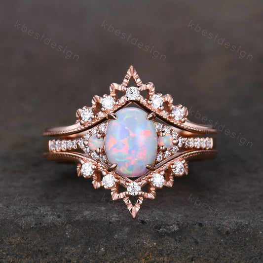 Oval Opal Engagement Ring Set, Rose Gold Rings for Women, Art Deco Stacking Band, Unique Double Curved Wedding Band, Bridal Promise Ring