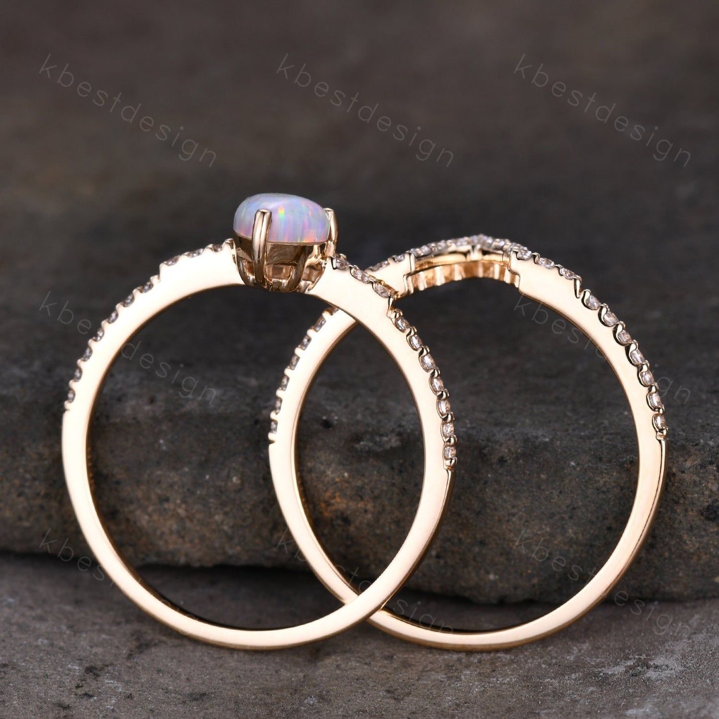 Delicate Opal Engagement Ring Set, 14K Solid Gold Opal Wedding Ring, Pear Shaped Bridal Set, Art Deco Stacking Band, Anniversary Ring