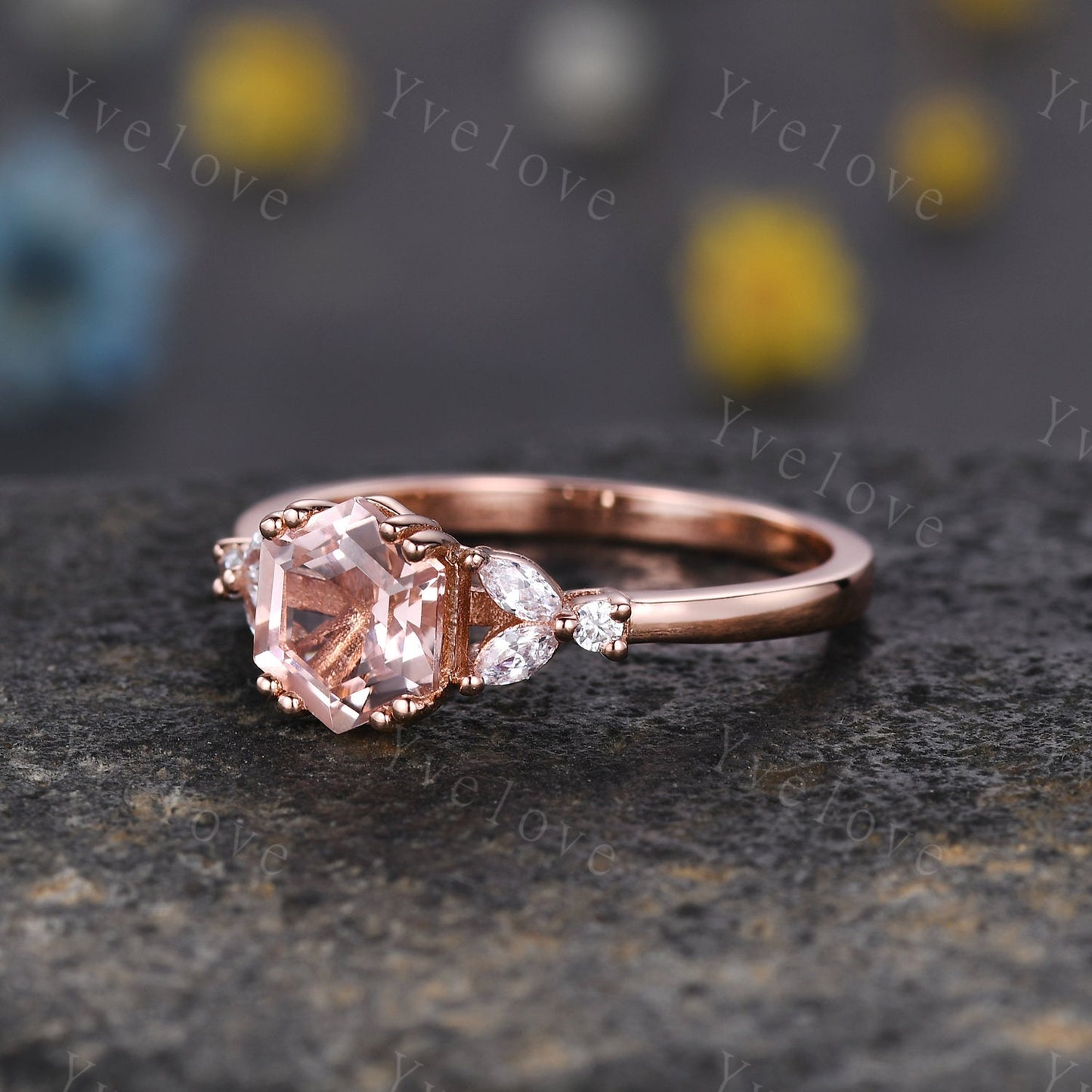 Hexagon Peach Morganite Ring,Morganite Engagement Ring,Enhancer Wedding Ring,Double Curved band,Women Bridal Stacking Moissanite Band,Silver
