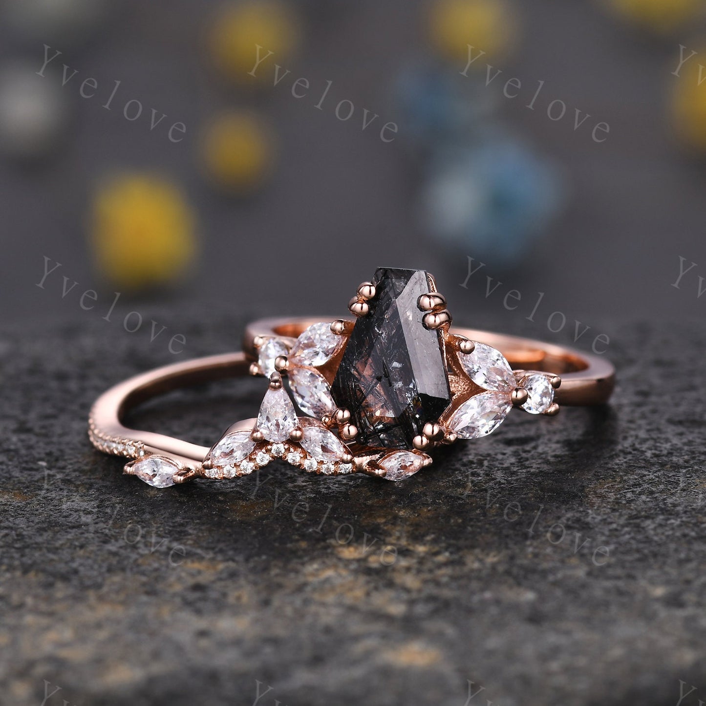 Vintage coffin shaped black quartz ring set moissanite wedding ring Unique rutilated quartz engagement ring rose gold bridal promise ring