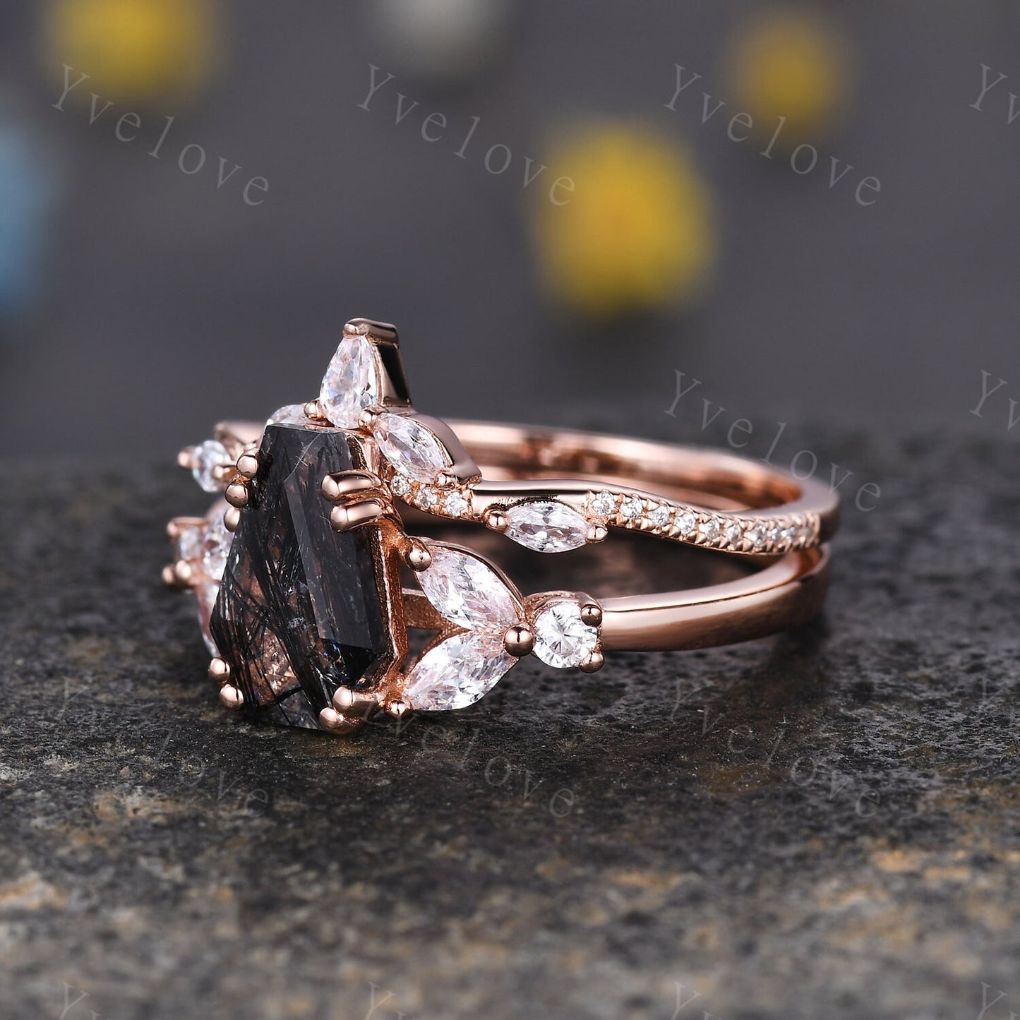 Vintage coffin shaped black quartz ring set moissanite wedding ring Unique rutilated quartz engagement ring rose gold bridal promise ring