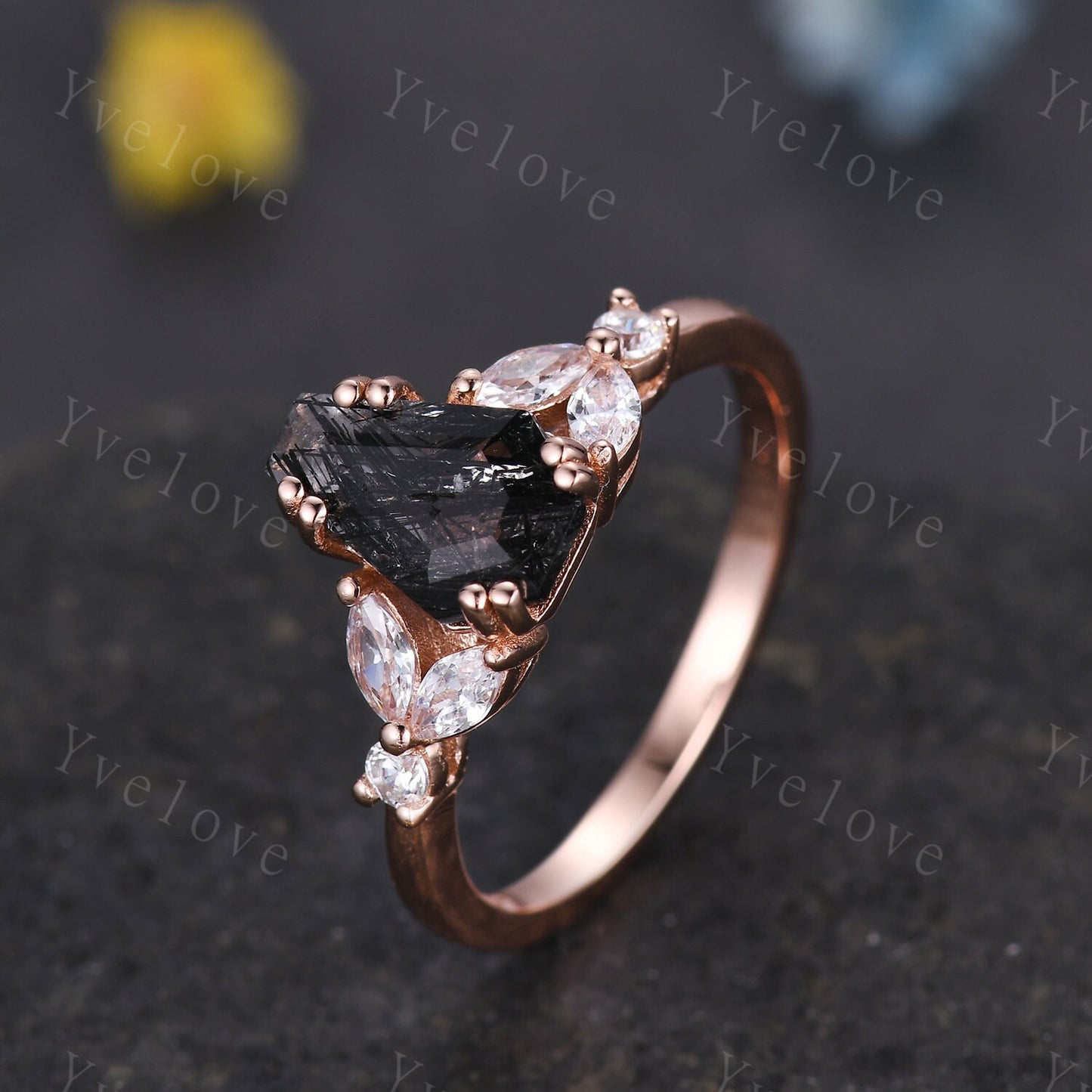 Vintage coffin shaped black quartz ring set moissanite wedding ring Unique rutilated quartz engagement ring rose gold bridal promise ring