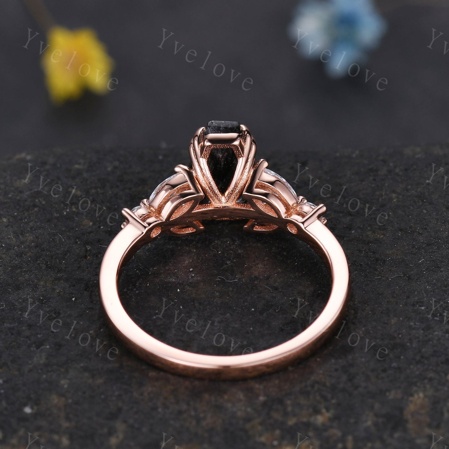 Vintage coffin shaped black fire opal ring set moissanite wedding ring Unique black opal engagement ring rose gold ring bridal promise ring