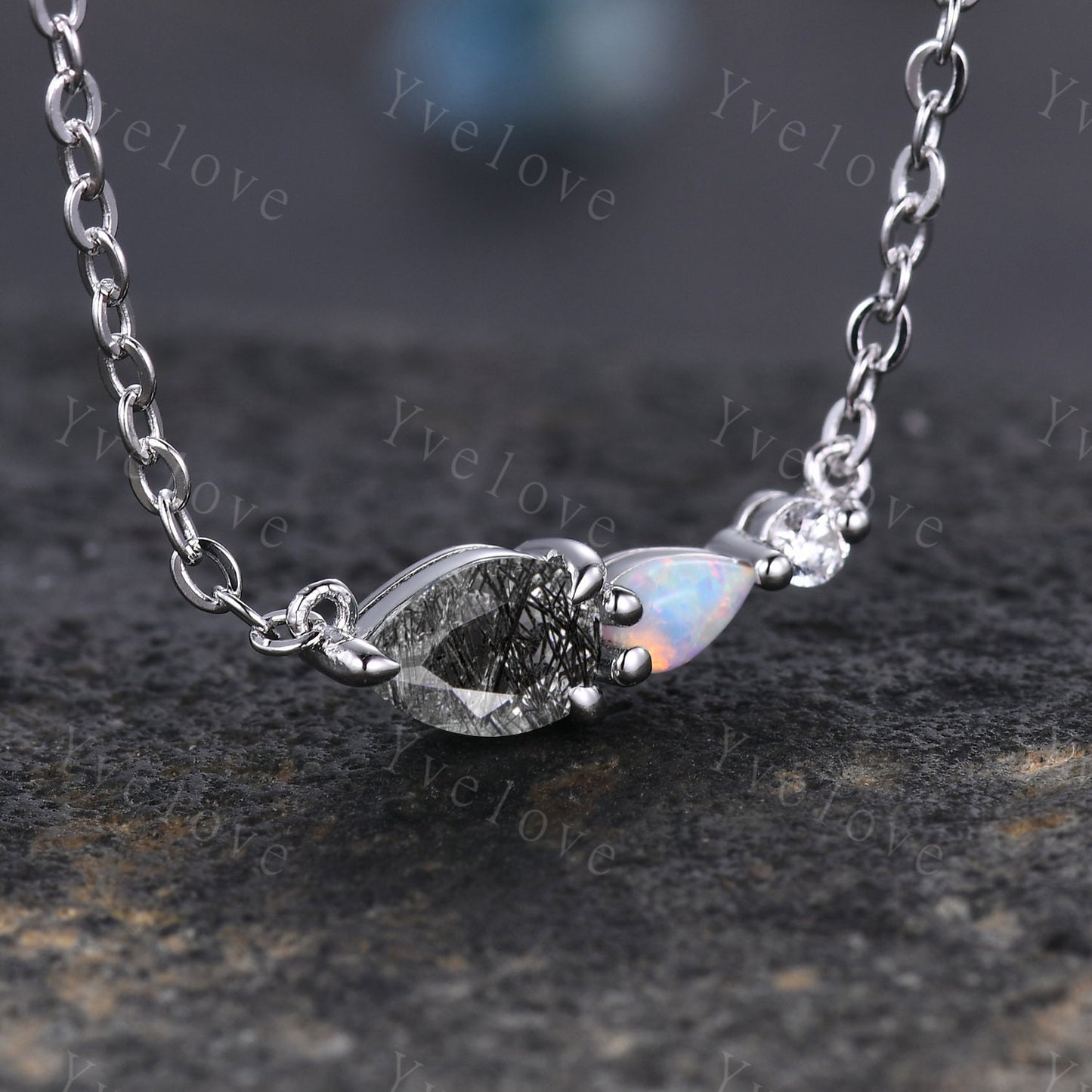 Vintage Black Rutilated Quartz Opal Necklace,Pear Opal,Art Deco Moissanite Delicate Dainty Necklace,3 Stone Unique Women Bridal Gift,Silver