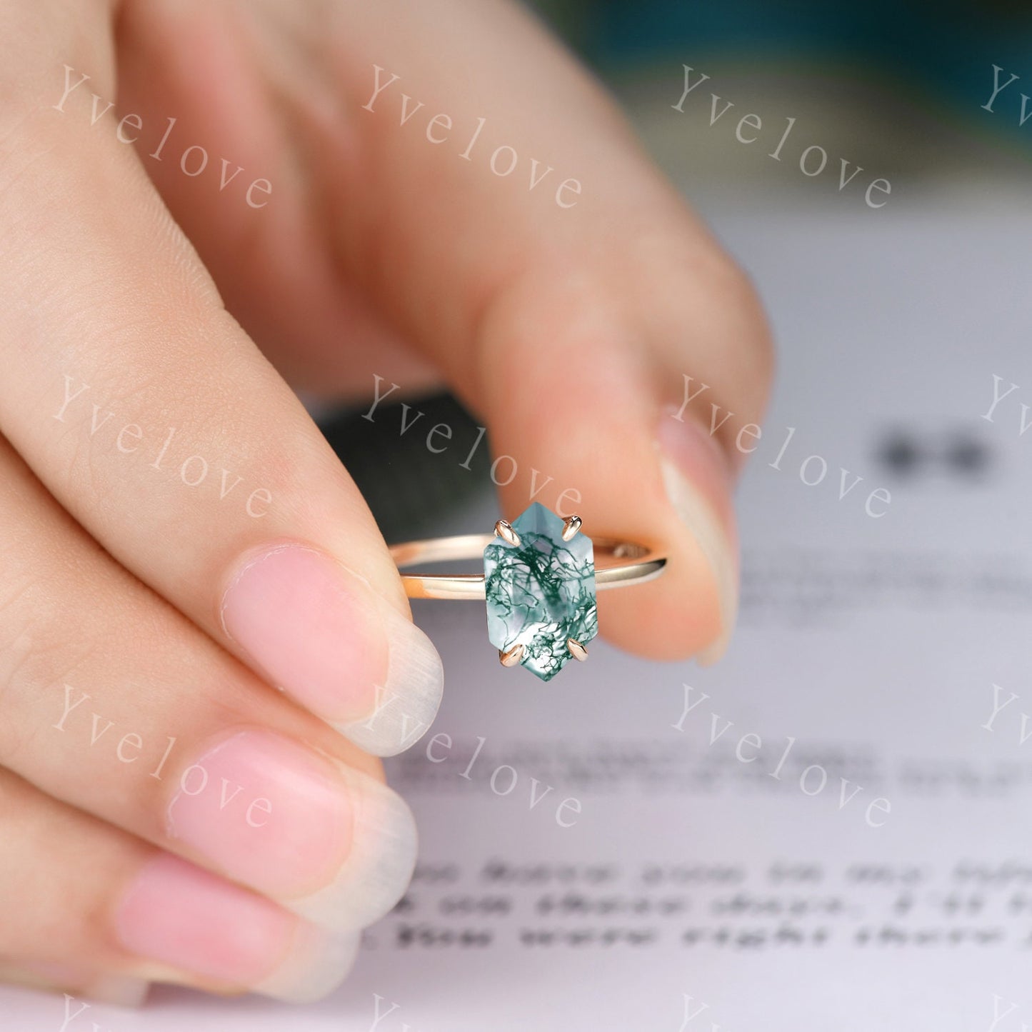 Vintage Long Hexagon Moss Aate engagement ring,Unique Green Agate Wedding Ring,Solitaire Ring,Dainty Ring,Promise Stacking Ring,Gift For Her