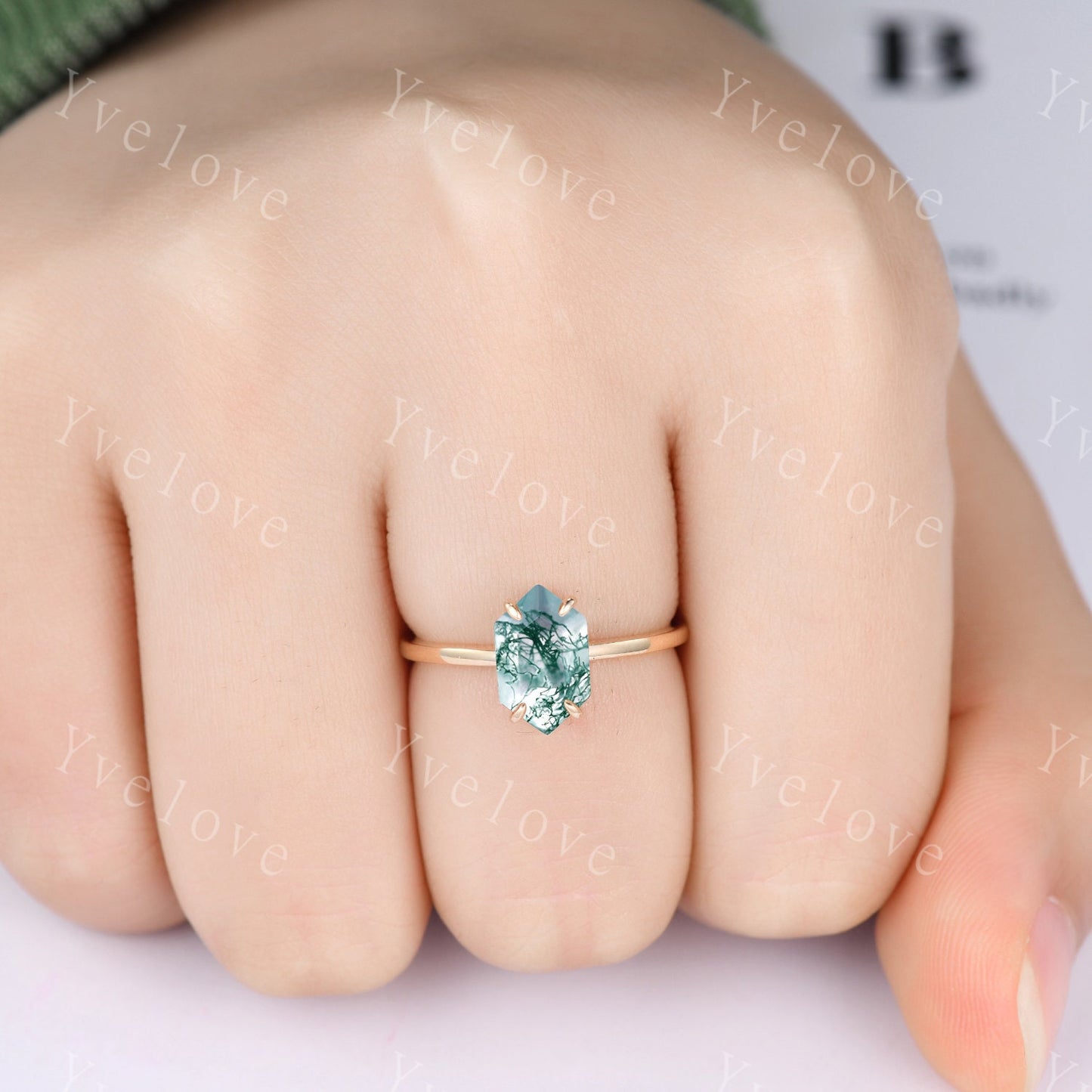 Vintage Long Hexagon Moss Aate engagement ring,Unique Green Agate Wedding Ring,Solitaire Ring,Dainty Ring,Promise Stacking Ring,Gift For Her