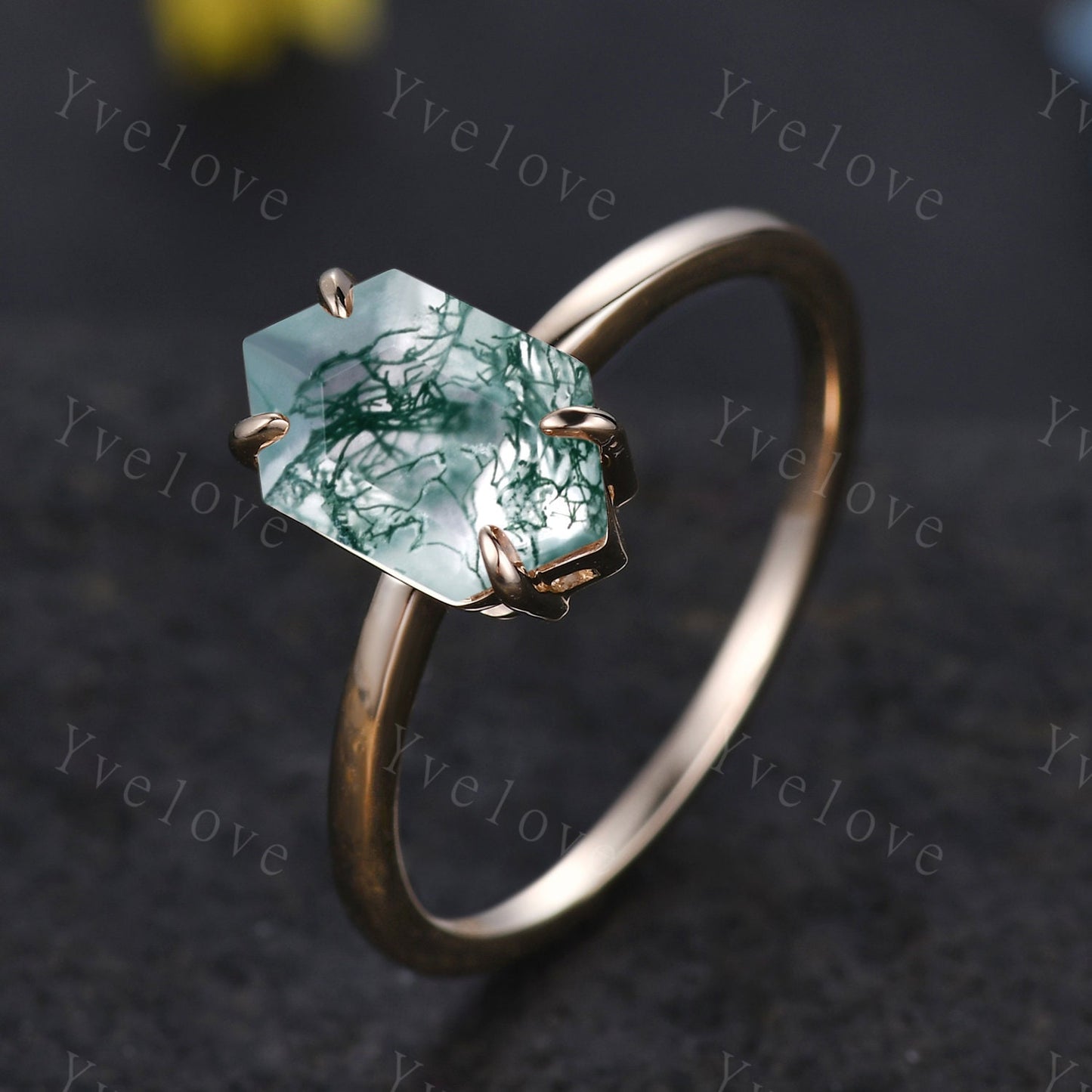 Vintage Long Hexagon Moss Aate engagement ring,Unique Green Agate Wedding Ring,Solitaire Ring,Dainty Ring,Promise Stacking Ring,Gift For Her
