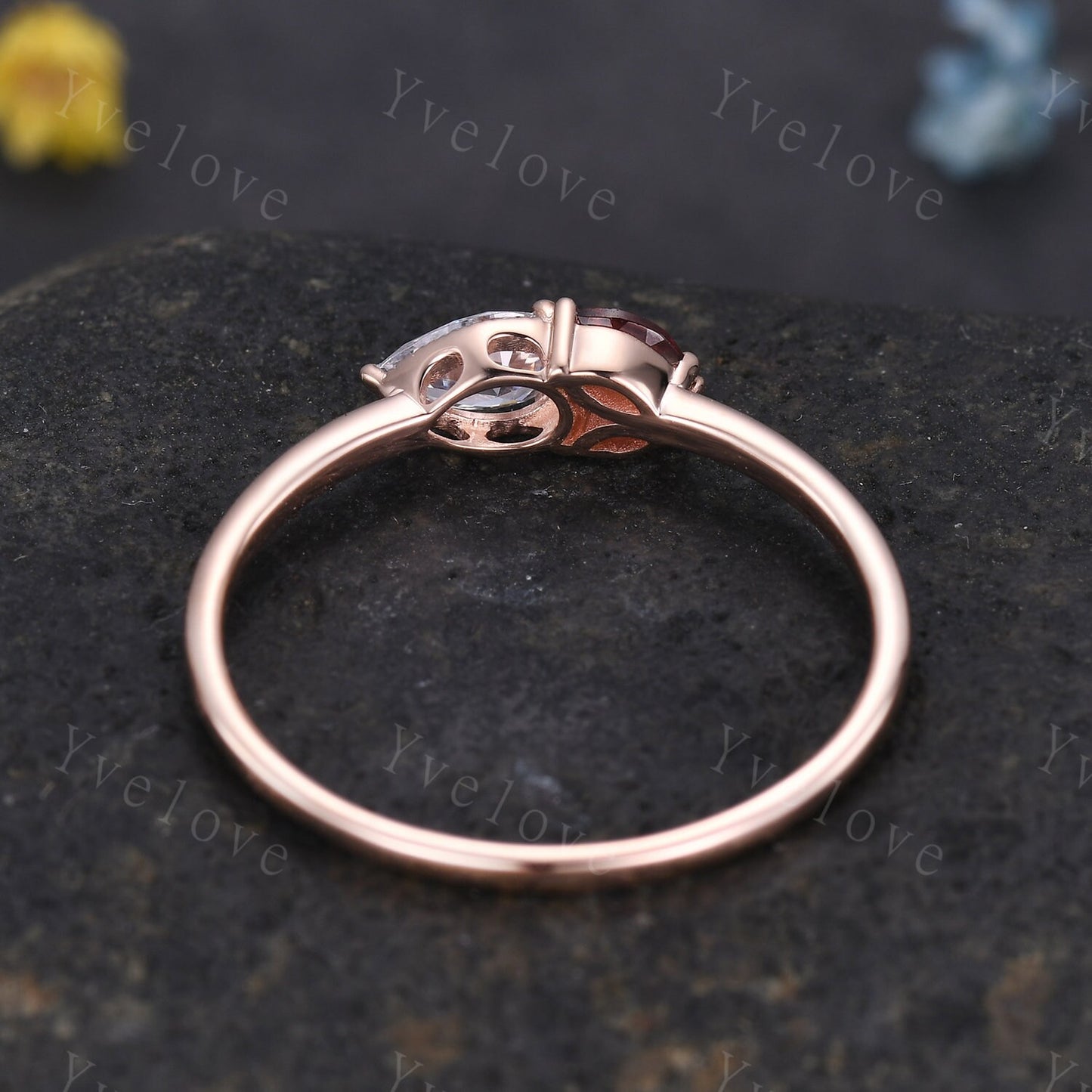 Minimalist Pear Moissante Wedding Ring,Art Deco Red Garnet Stacking Band,Milgrain,Rose gold,3 Stone Unique Women Bridal Cluster Ring Gift