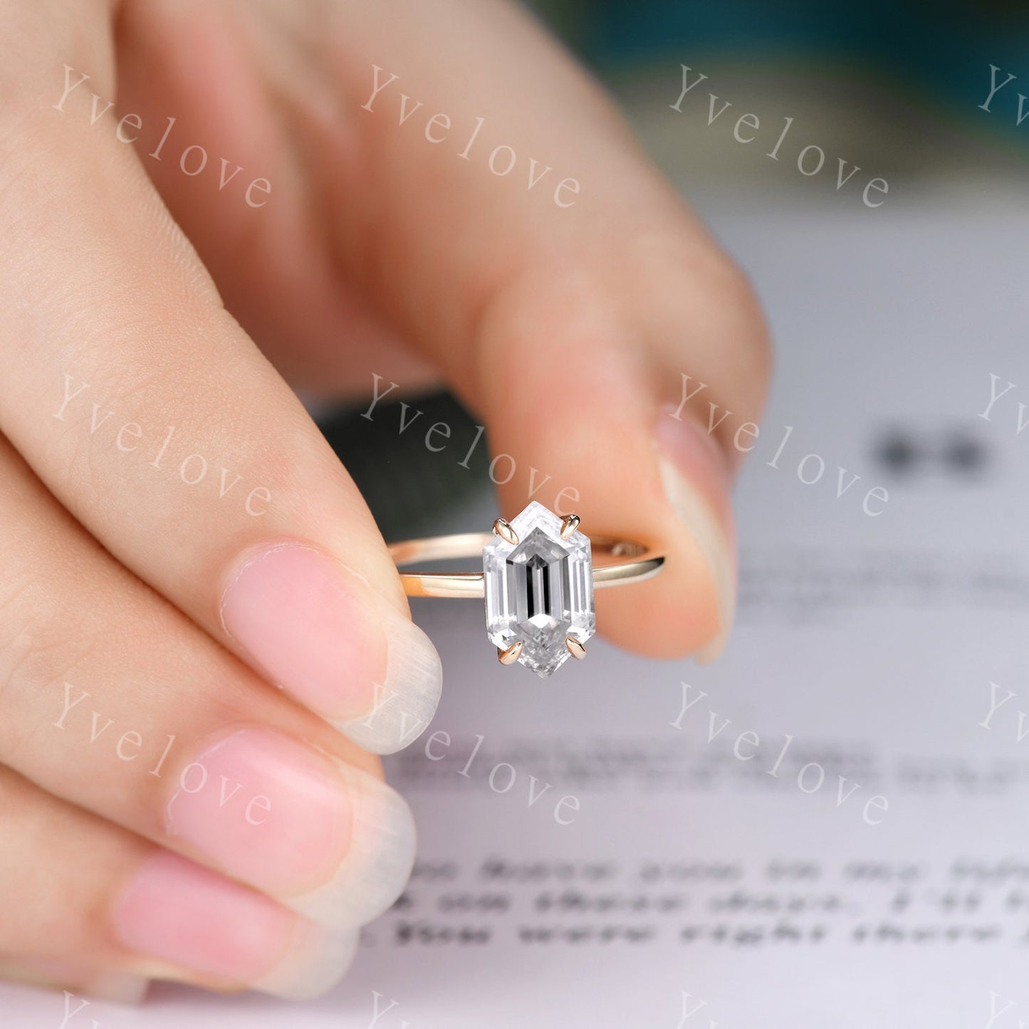Vintage Long Hexagon Moissanit engagement ring,Unique Moissanite Wedding Ring,Solitaire Ring,Dainty Ring,Promise Stacking Ring,Gift For Her