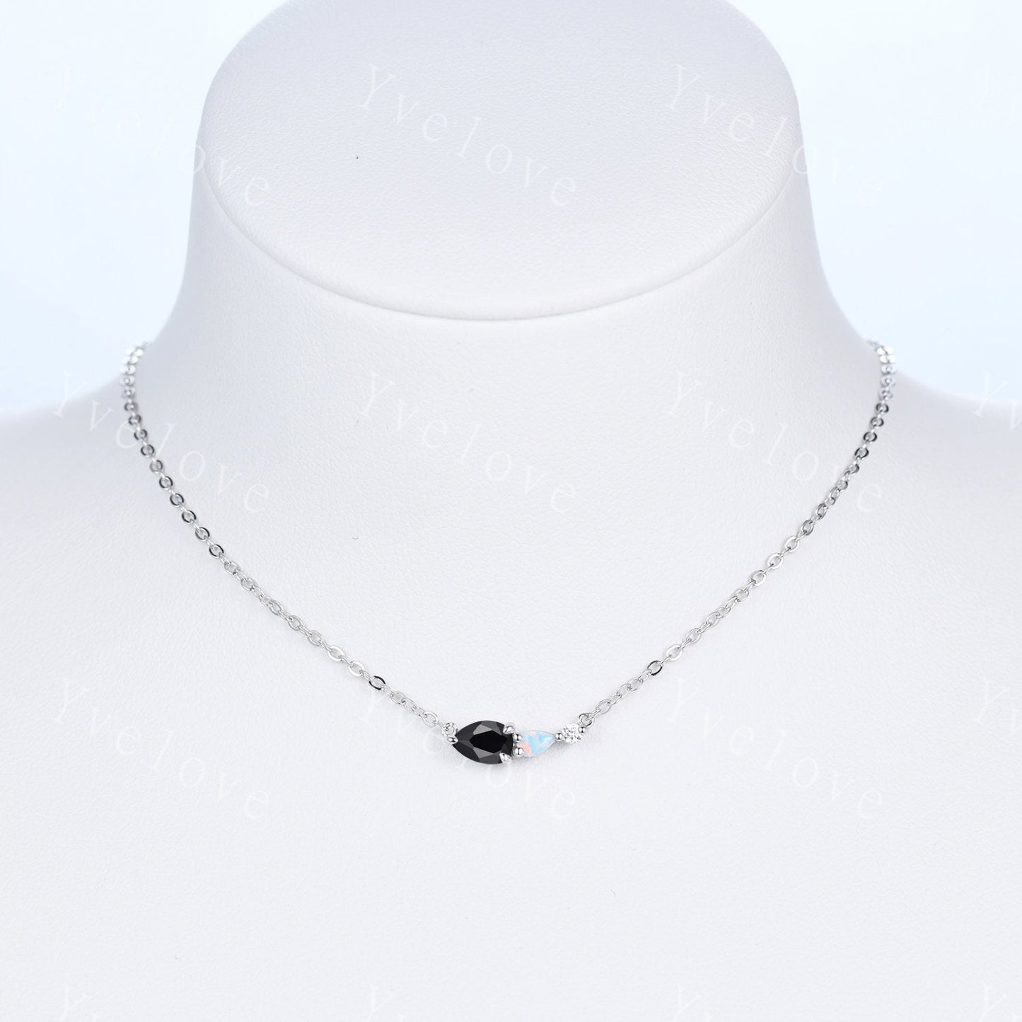 Unique Black Onyx Opal Necklace,Pear Cut Gems,Art Deco Moissanite Diamond Delicate Dainty Necklace,3 Stone Vintage Women Bridal Gift,Silver