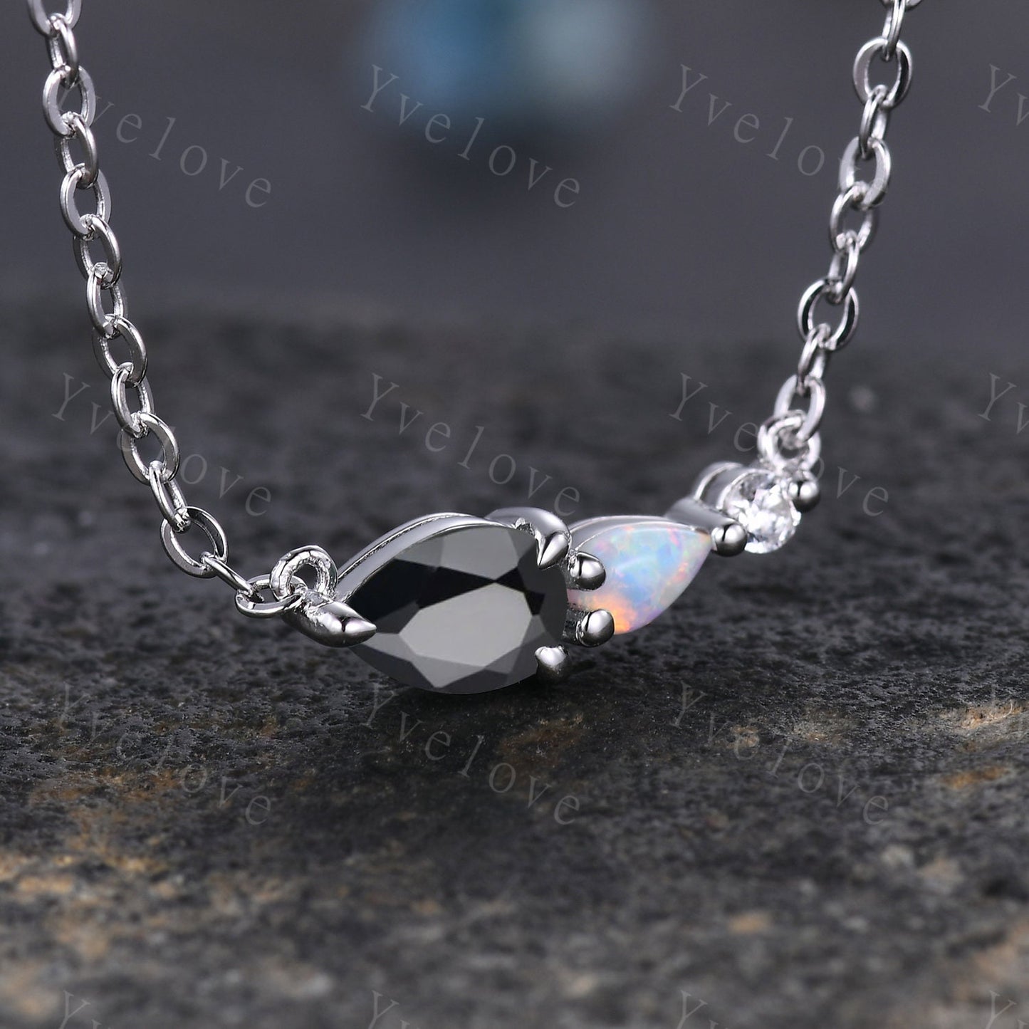 Unique Black Onyx Opal Necklace,Pear Cut Gems,Art Deco Moissanite Diamond Delicate Dainty Necklace,3 Stone Vintage Women Bridal Gift,Silver
