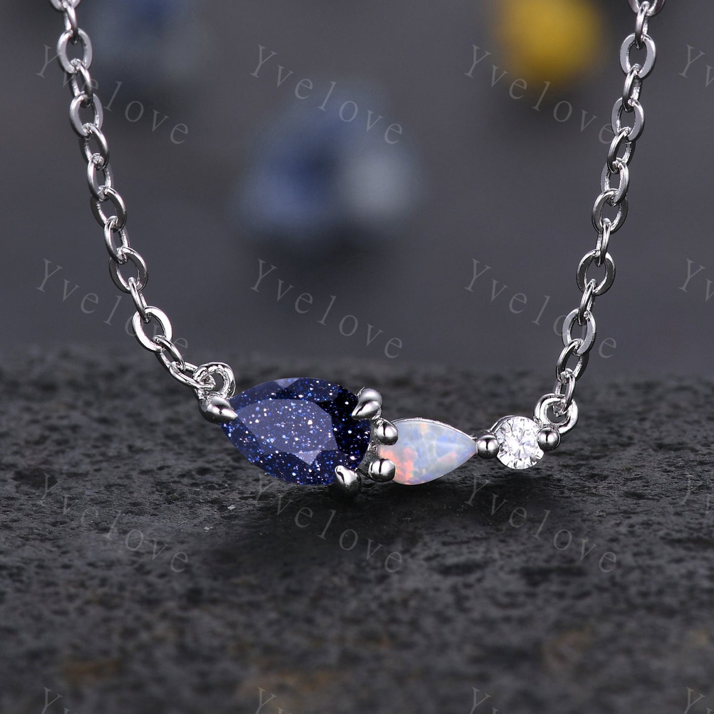 Unique Black Onyx Opal Necklace,Pear Cut Gems,Art Deco Moissanite Diamond Delicate Dainty Necklace,3 Stone Vintage Women Bridal Gift,Silver