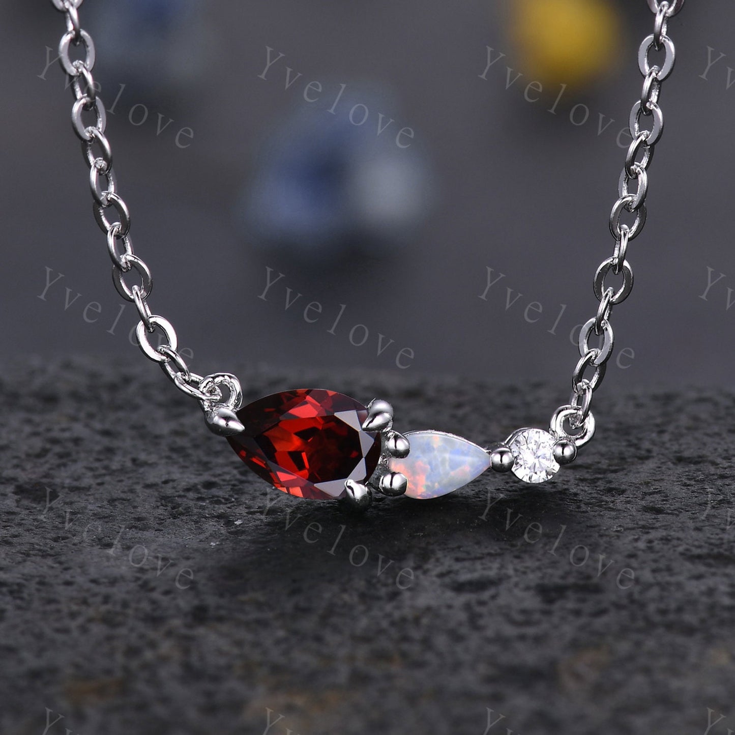 Unique Black Onyx Opal Necklace,Pear Cut Gems,Art Deco Moissanite Diamond Delicate Dainty Necklace,3 Stone Vintage Women Bridal Gift,Silver