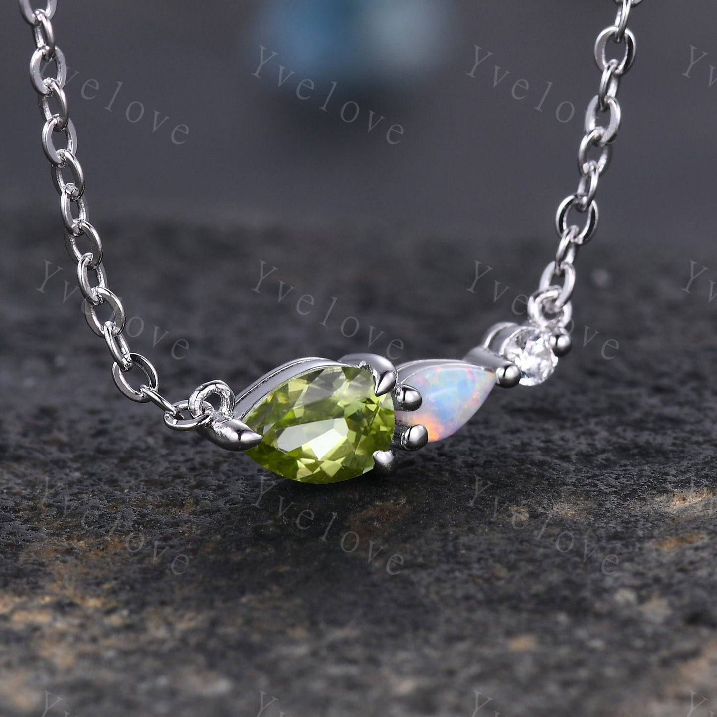 Unique Black Onyx Opal Necklace,Pear Cut Gems,Art Deco Moissanite Diamond Delicate Dainty Necklace,3 Stone Vintage Women Bridal Gift,Silver