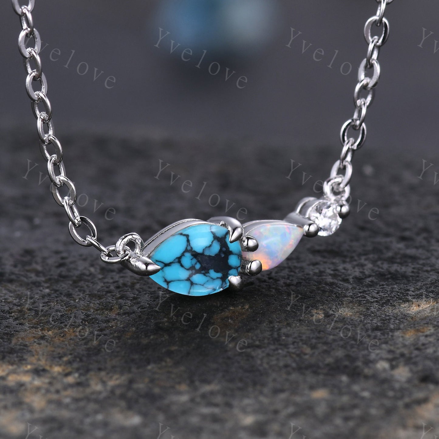 Unique Black Onyx Opal Necklace,Pear Cut Gems,Art Deco Moissanite Diamond Delicate Dainty Necklace,3 Stone Vintage Women Bridal Gift,Silver