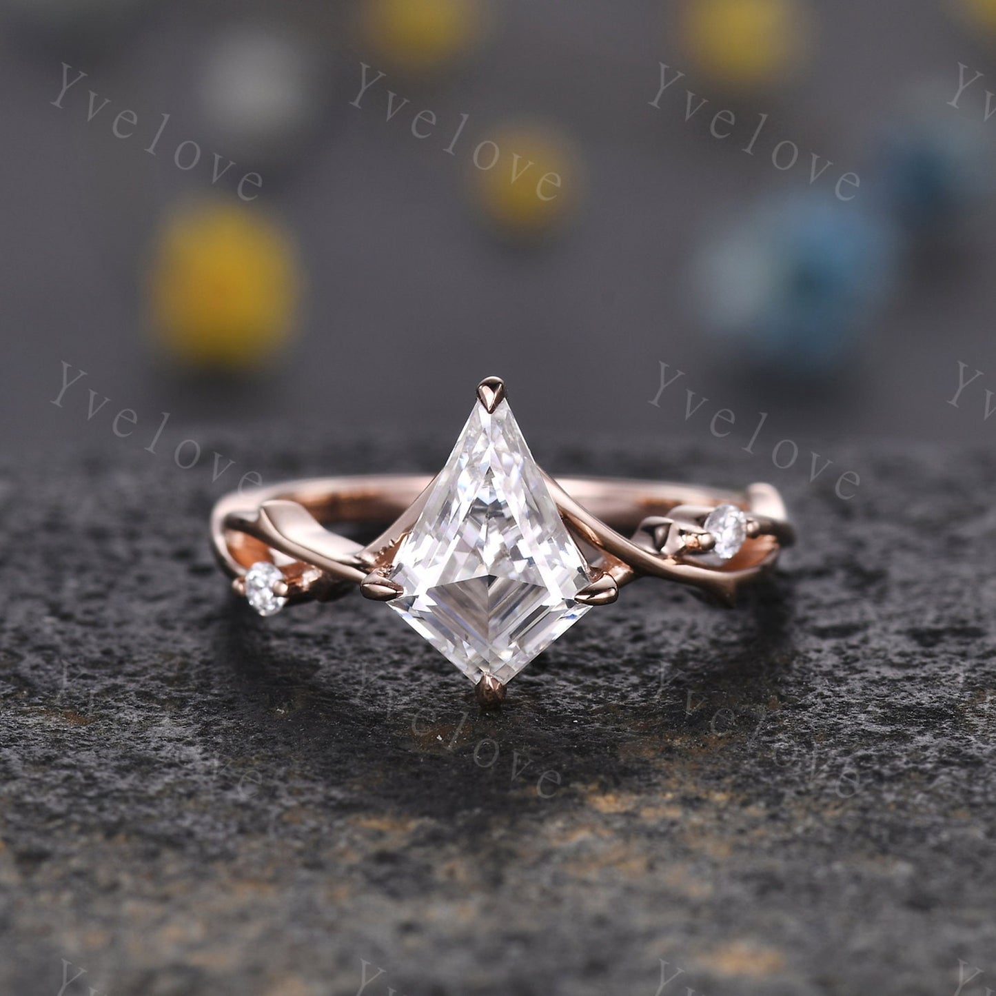 Vintage Kite Shaped Moissanite Engagement Ring Set,Twisted Ring,Leaf Vines Moissanite Bridal Set,Branch Ring,Dainty Twig Diamond Ring Gift
