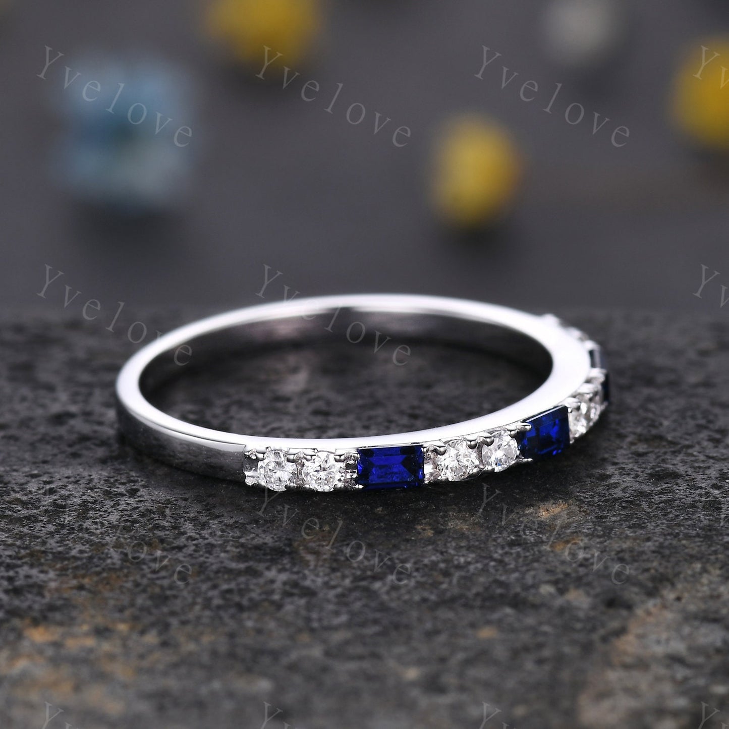 Baguette Cut Sapphire and Diamond Wedding Ring Half Eternity Band Stacking Matching Ring 14K White Gold Anniversary Gift For Her Customized