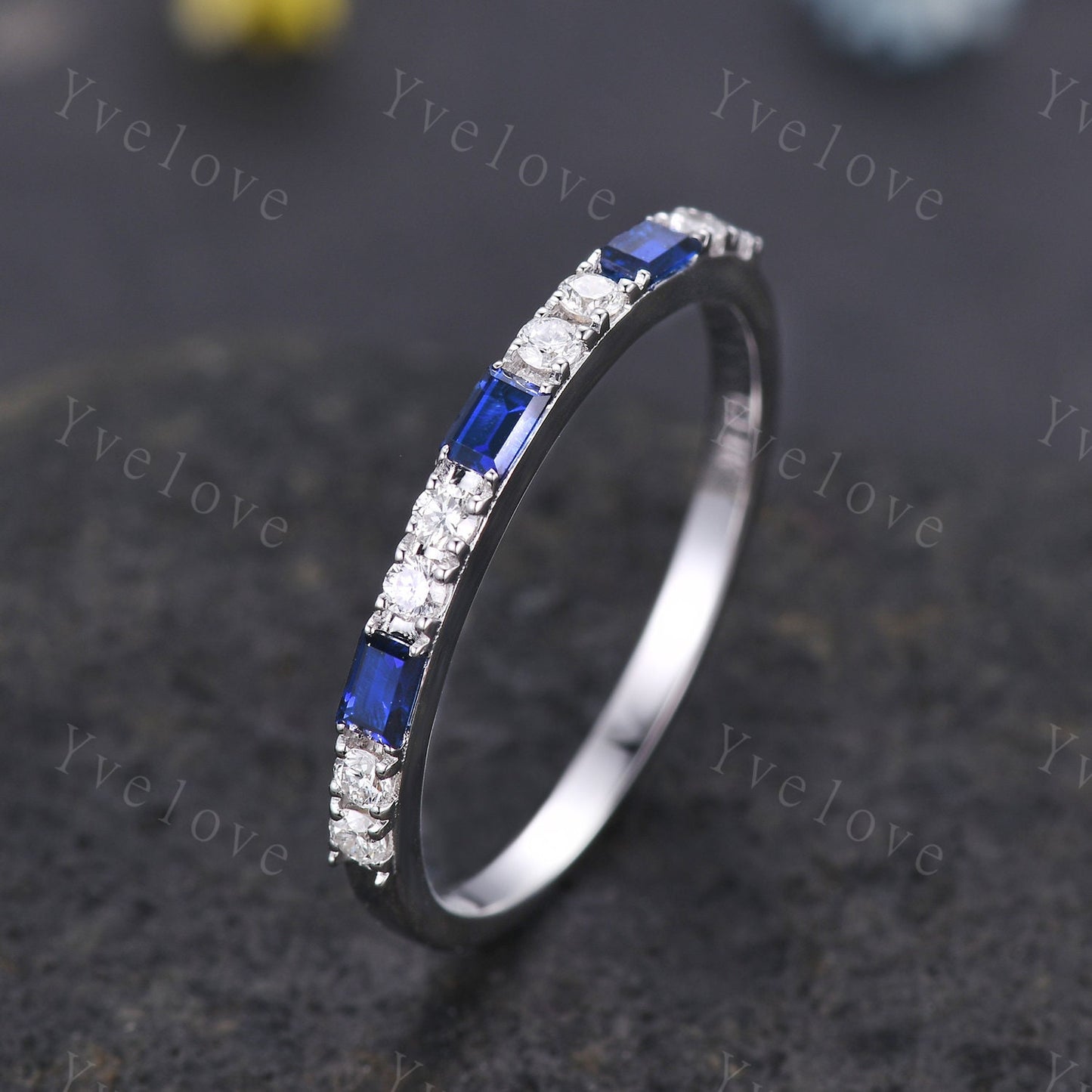 Baguette Cut Sapphire and Diamond Wedding Ring Half Eternity Band Stacking Matching Ring 14K White Gold Anniversary Gift For Her Customized