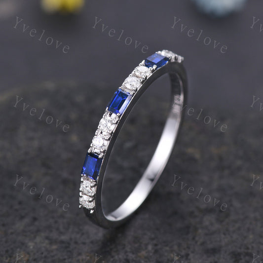 Baguette Cut Sapphire and Diamond Wedding Ring Half Eternity Band Stacking Matching Ring 14K White Gold Anniversary Gift For Her Customized