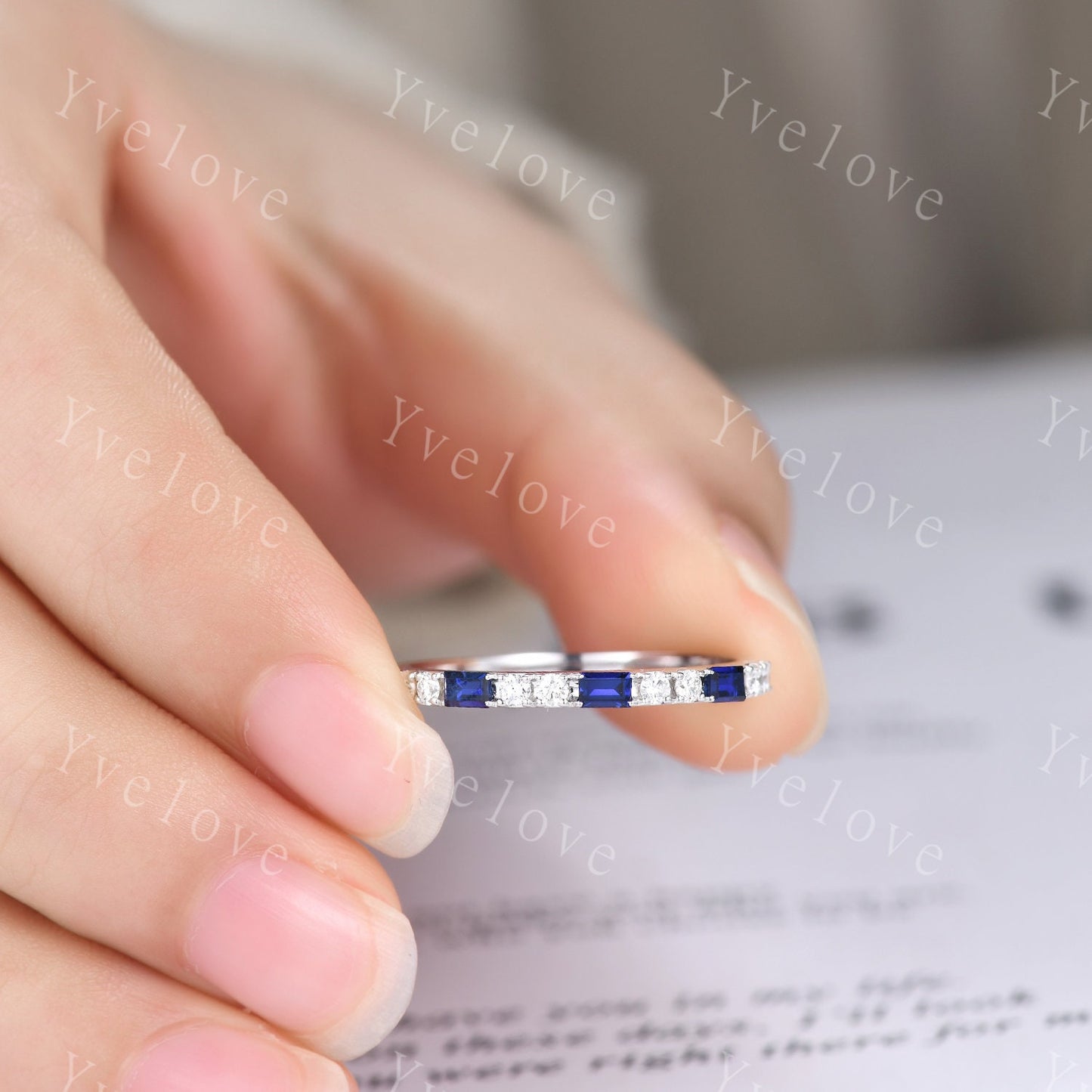 Baguette Cut Sapphire and Diamond Wedding Ring Half Eternity Band Stacking Matching Ring 14K White Gold Anniversary Gift For Her Customized