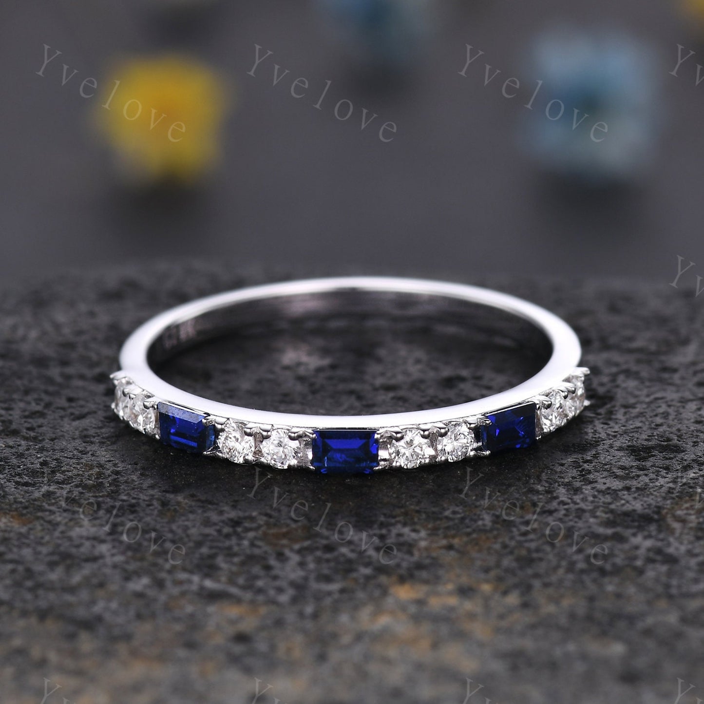 Baguette Cut Sapphire and Diamond Wedding Ring Half Eternity Band Stacking Matching Ring 14K White Gold Anniversary Gift For Her Customized