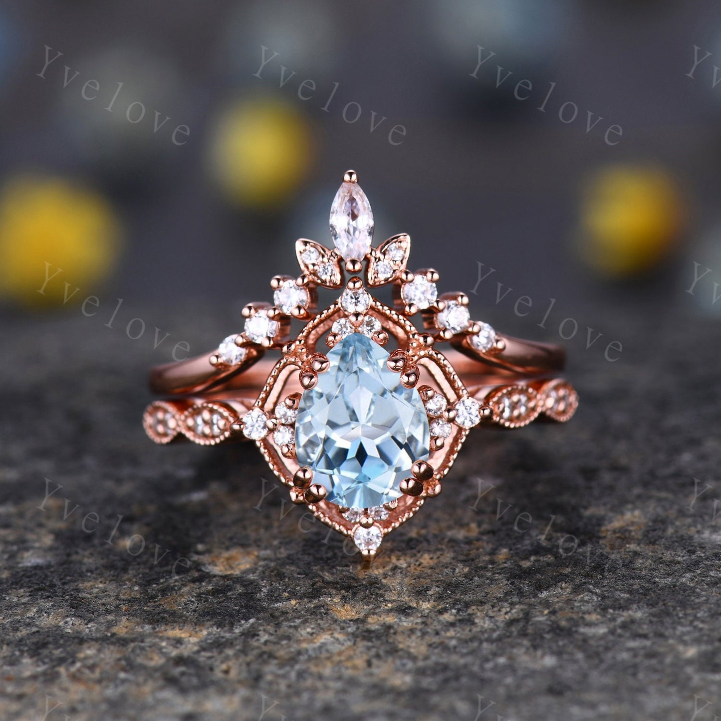 Vintage Aquamarine Engagement Ring Set,6x8mm Pear Aquamarine Bridal Set,V Curved Moissanite Stacking Band,Solid Gold,Women Ring Gift For Her