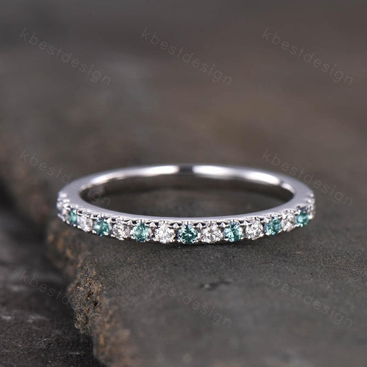 Half Eternity Alexandrite Wedding Band Sterling Silver Rings Alexandrite and Moissanite Wedding Band Minimalist Ring Pave Stacking Band