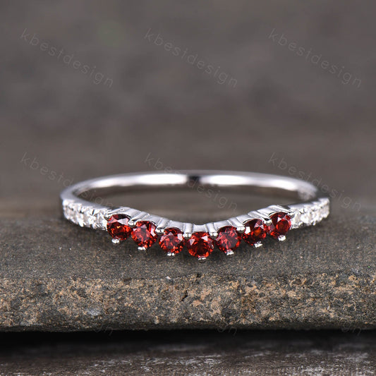 Delicate Garnet Wedding Band Sterling Silver Ring Curved Stacking Ring Gemstone Band January Birthstone Ring Anniversary Gift for Her