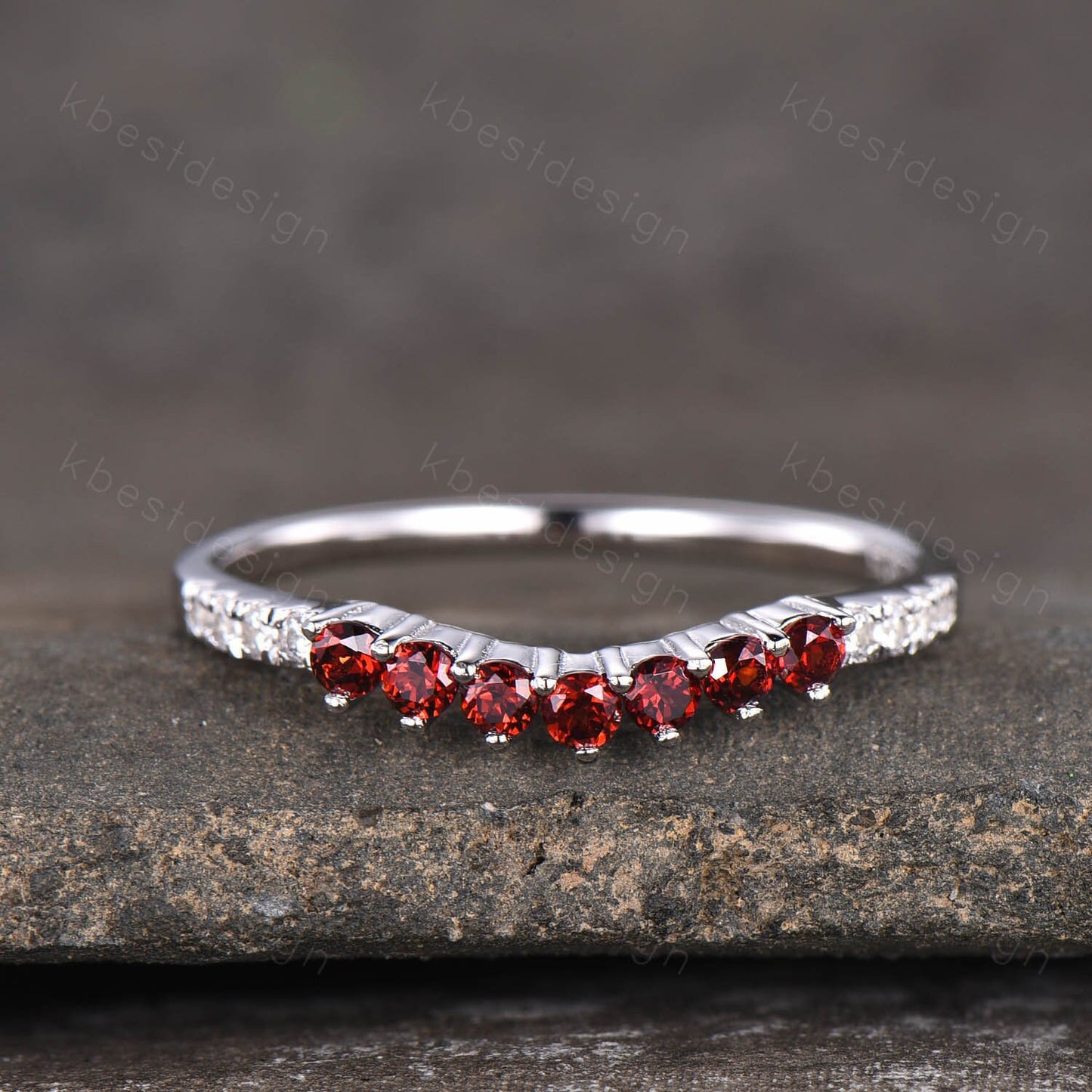 Delicate Garnet Wedding Band Sterling Silver Ring Curved Stacking Ring Gemstone Band January Birthstone Ring Anniversary Gift for Her