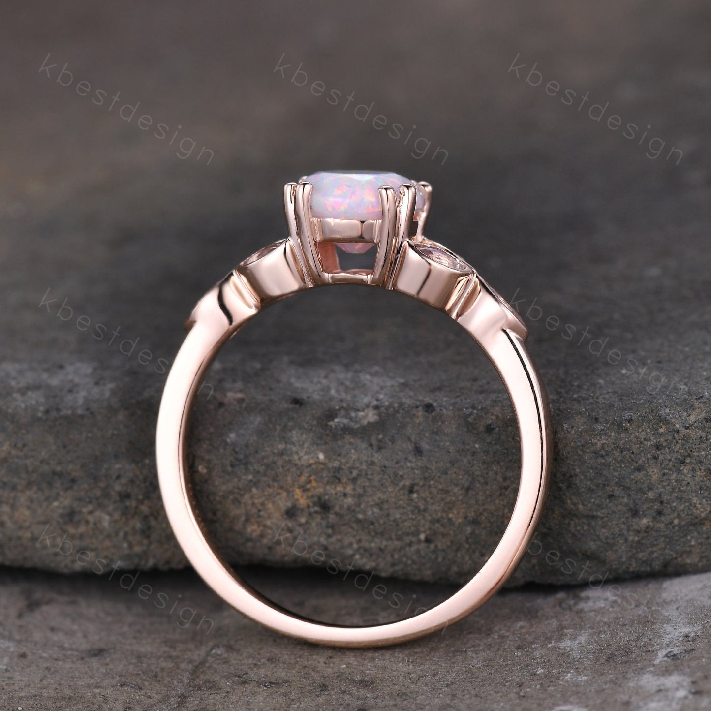 Opal Engagement Ring White Opal and Moonstone Ring Rose Gold Ring for Women Round Opal Bridal Wedding Ring October Birthstone Promise Ring