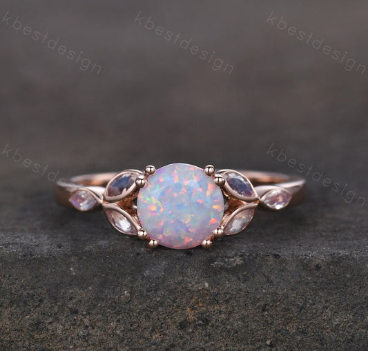 Opal Engagement Ring White Opal and Moonstone Ring Rose Gold Ring for Women Round Opal Bridal Wedding Ring October Birthstone Promise Ring