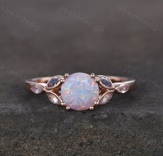 Opal Engagement Ring White Opal and Moonstone Ring Rose Gold Ring for Women Round Opal Bridal Wedding Ring October Birthstone Promise Ring