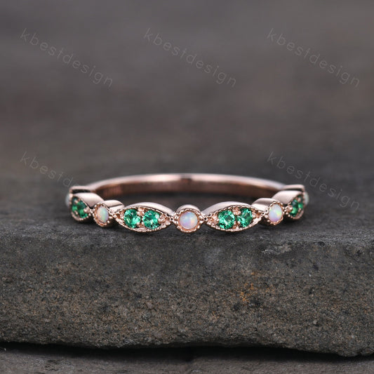Emerald Opal Wedding Band, Half Eternity Wedding Band, Art Deco Stacking Band, Opal Wedding Ring, Rose Gold Emerald Band, Anniversary Gift