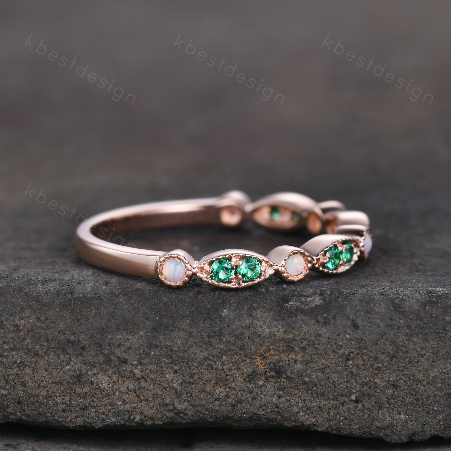 Emerald Opal Wedding Band, Half Eternity Wedding Band, Art Deco Stacking Band, Opal Wedding Ring, Rose Gold Emerald Band, Anniversary Gift