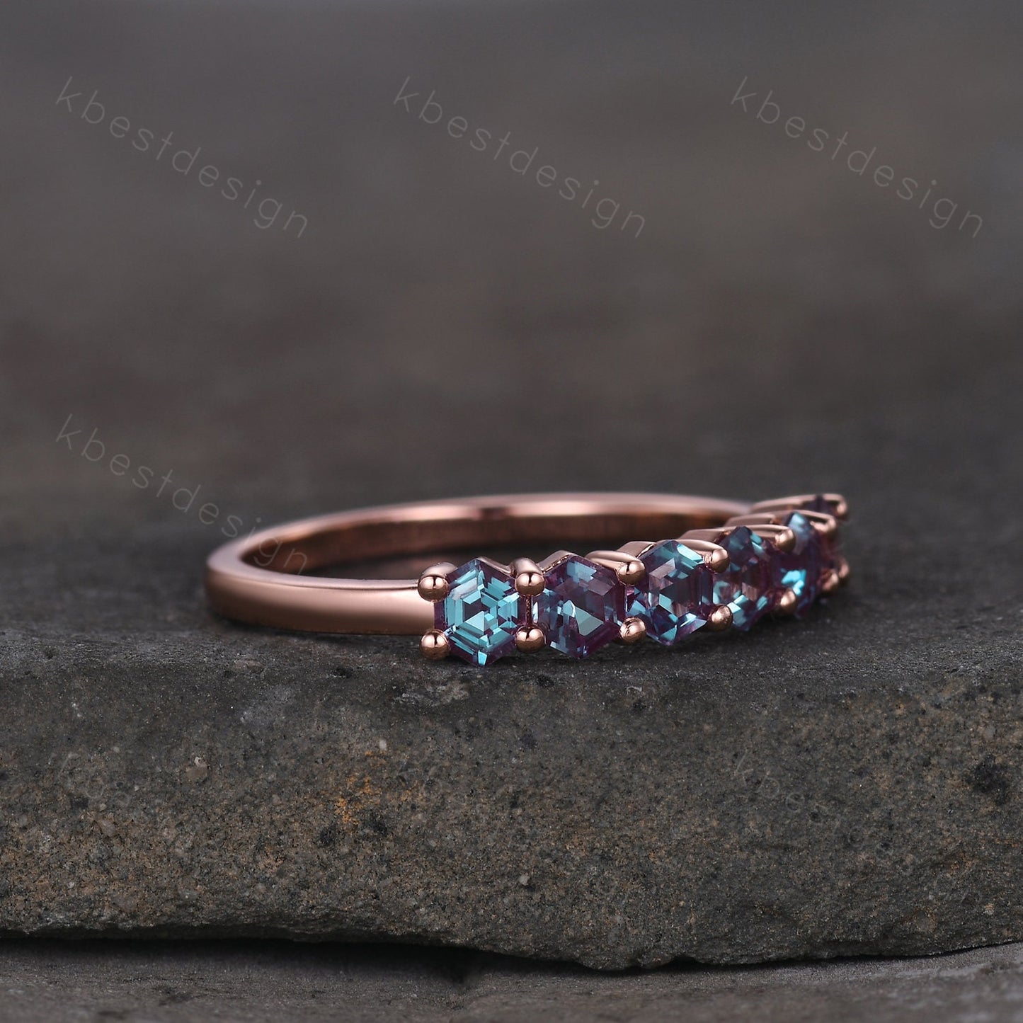Hexagon cut Alexandrite wedding ring Unique rose gold wedding band 6-stone ring Minimalist Bridal matching stackable band June Birthstone