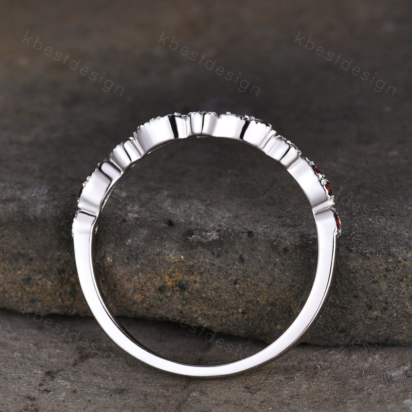 Art Deco Ring Half Eternity Garnet Wedding Band Delicate Curved Stacking Band January Birthstone Ring Sterling Silver Ring Anniversary Gift