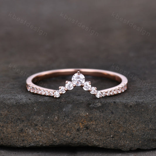 Curved wedding band women vintage round cut Diamond wedding band rose gold unique Moissanite Bridal Stacking promise gift for Her