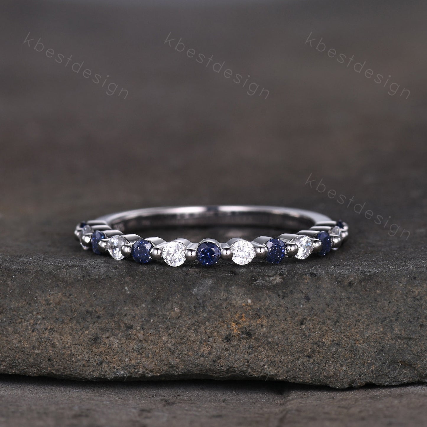Half eternity blue sandstone Moissanite wedding band sterling silver ring 2mm round cut stacking matching band Minimalist anniversary ring