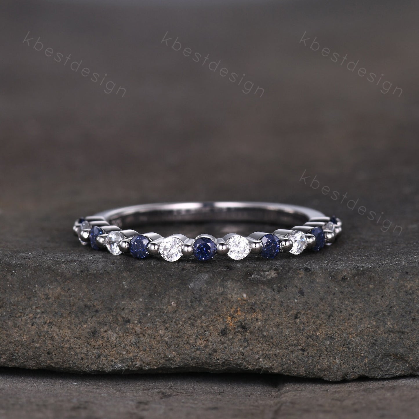 Half eternity blue sandstone Moissanite wedding band sterling silver ring 2mm round cut stacking matching band Minimalist anniversary ring