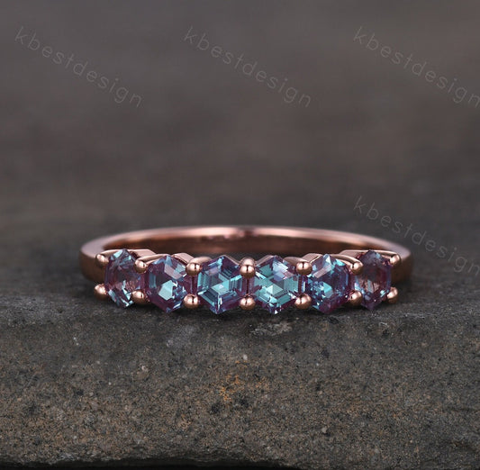 Hexagon cut Alexandrite wedding ring Unique rose gold wedding band 6-stone ring Minimalist Bridal matching stackable band June Birthstone