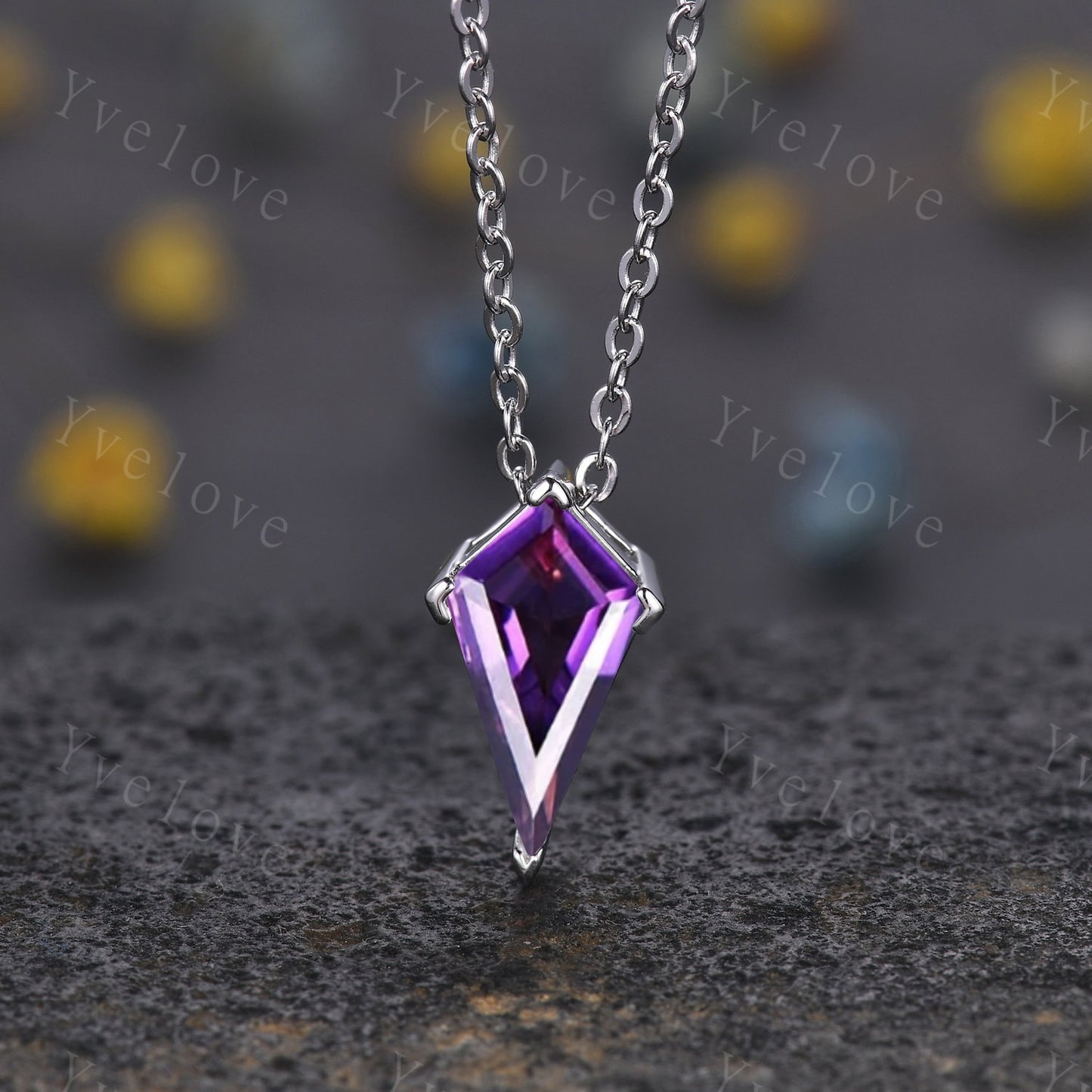 Unique Kite shaped Amethyst Pendant, Amethyst  Necklace,Silver Art Deco Necklace,February Gift,Vintage Women Bridal Gift Anniversary Gift