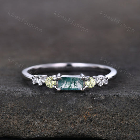 Vintage moss agate engagement ring unique baguette cut ring art deco peridot wedding band 7 stone ring moissanite wedding ring set for women
