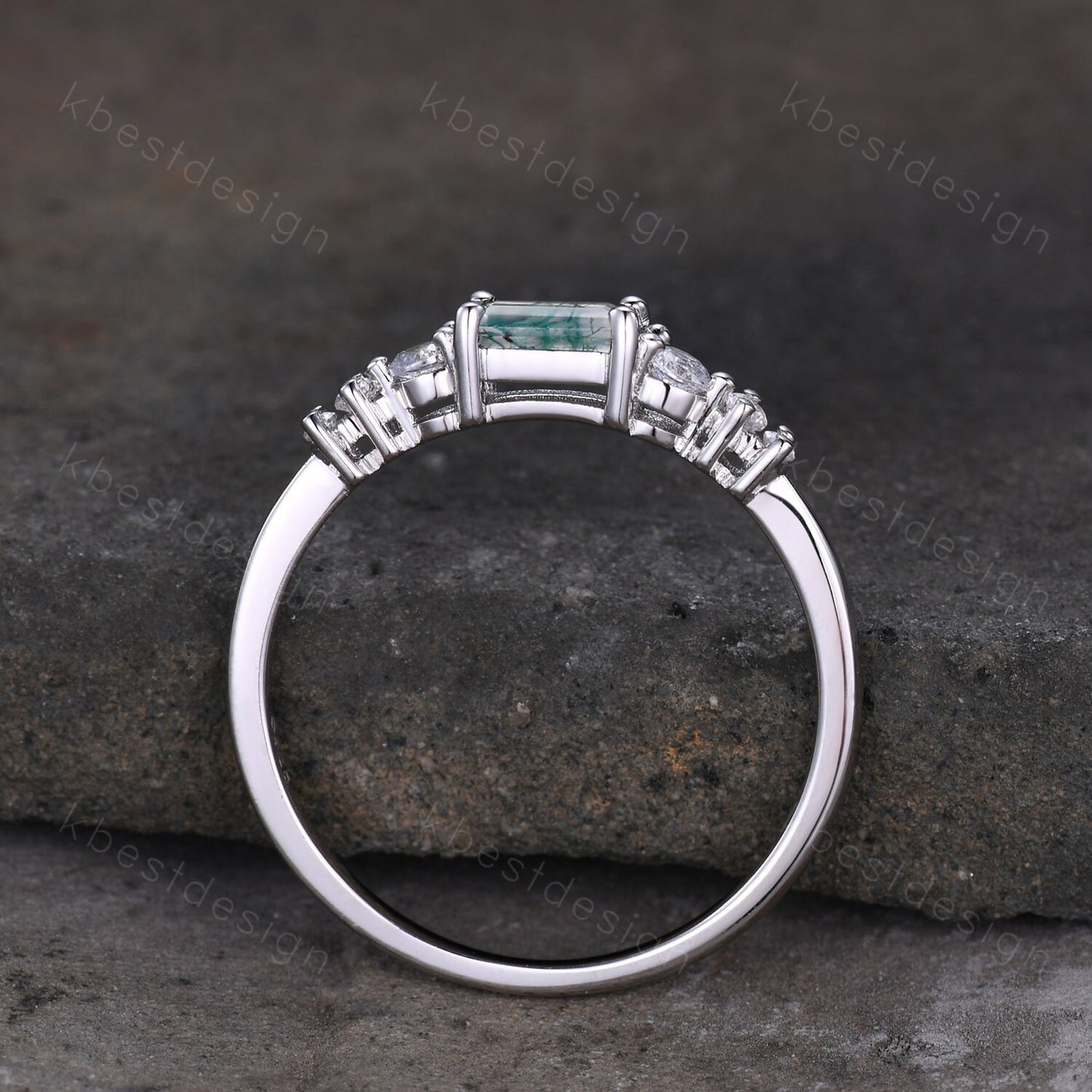 Vintage moss agate wedding ring unique baguette cut ring art deco blue topaz wedding band 7 stone ring moissanite wedding ring for women