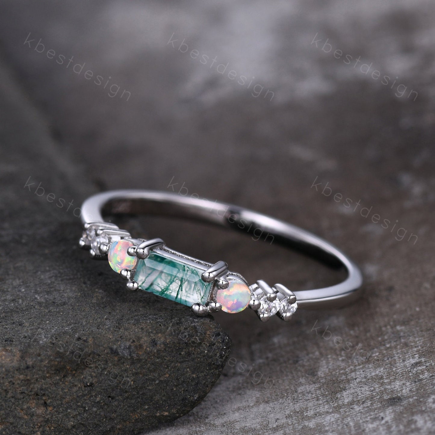 Baguette cut Moss Agate wedding band sterling silver Opal wedding band seven stone moissanite cluster ring unique women bridal ring