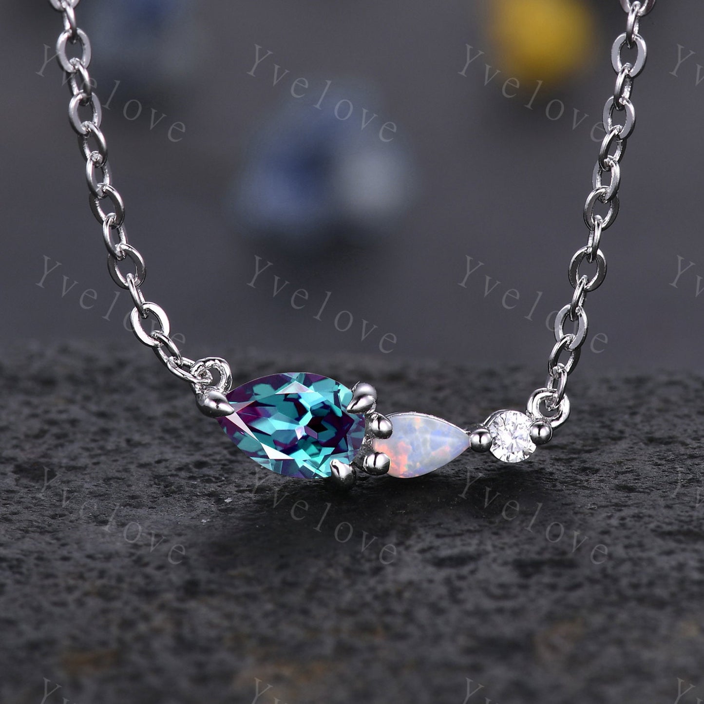Unique Turquoise Opal Necklace,Pear Cut Gems,Art Deco Moissanite Diamond Delicate Dainty Pendant,3 Stone Unique Women Bridal Gift,White gold