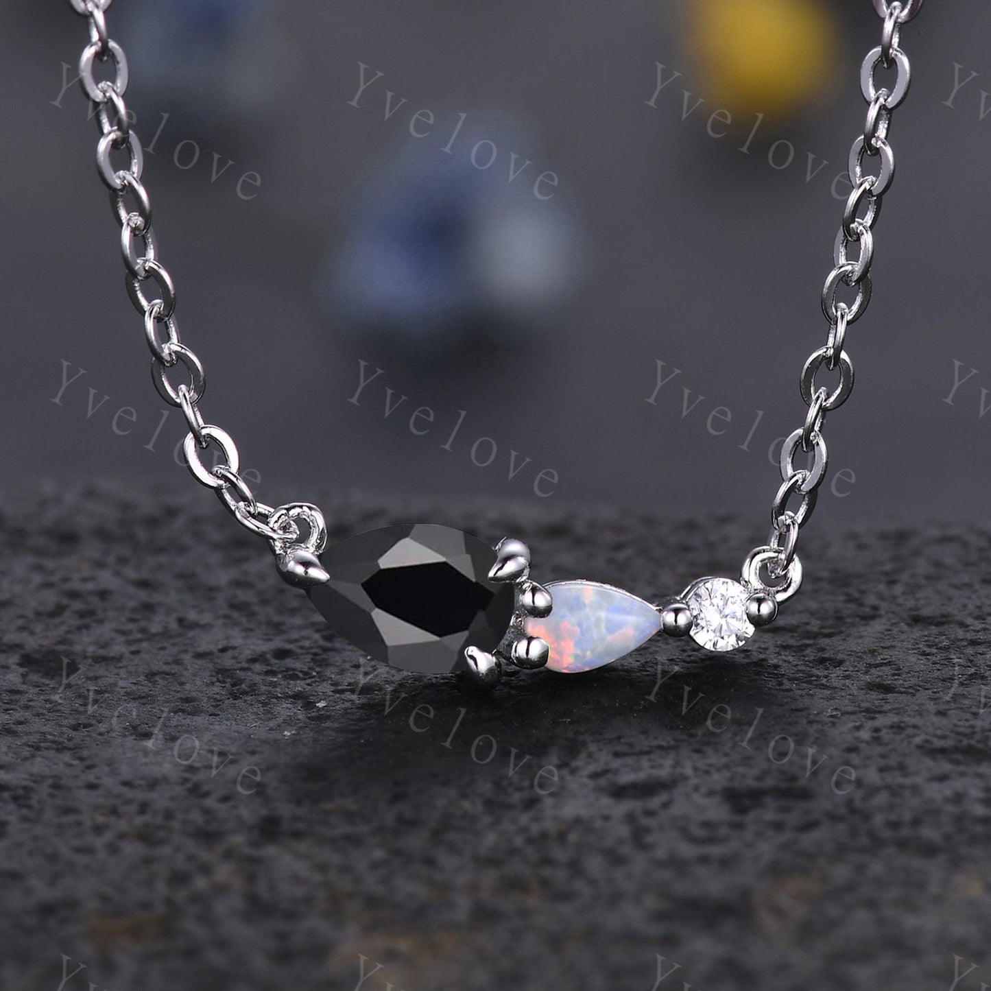 Unique Turquoise Opal Necklace,Pear Cut Gems,Art Deco Moissanite Diamond Delicate Dainty Pendant,3 Stone Unique Women Bridal Gift,White gold